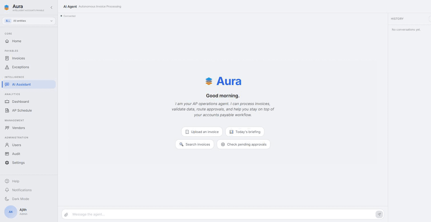Aura AI Assistant in the Aura portal, ready to process invoices, validate data, and route approvals