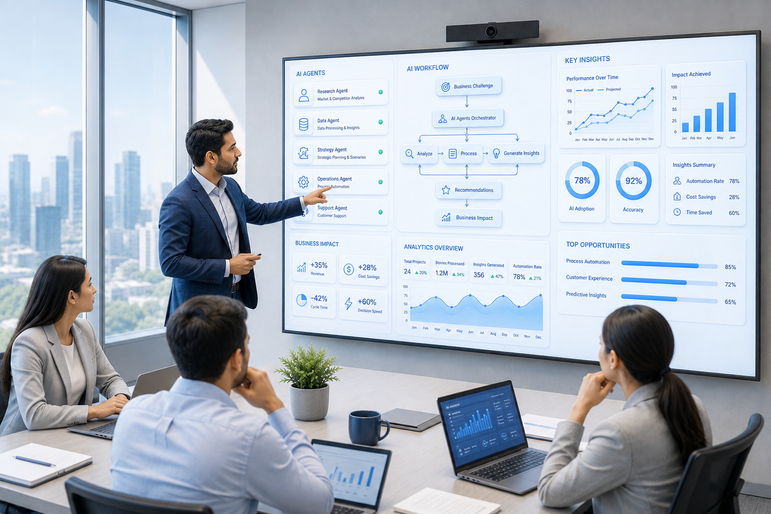 Sumvec team reviewing AI analytics in a boardroom